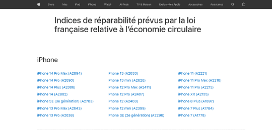 苹果法国官网公布新一代iPhone 7以来的维修评分，点入机型就可以看到评分明细。