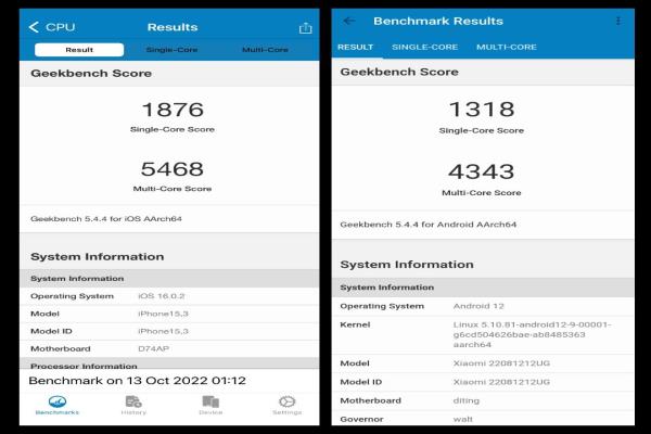 苹果iPhone14ProMax(左)／小米12TPro(右)。