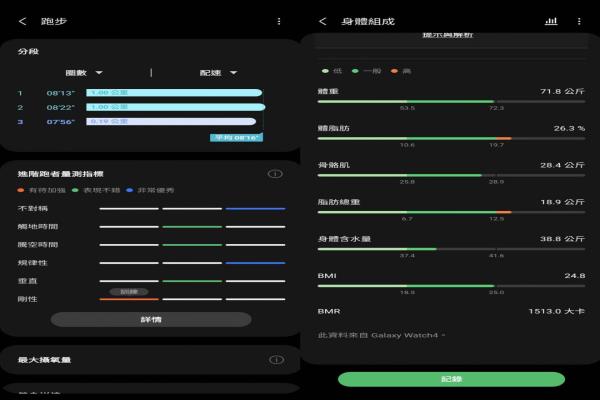 左为慢跑运动的数据，会列出可以加强的肌肉部分，右则是身体组成分析功能。