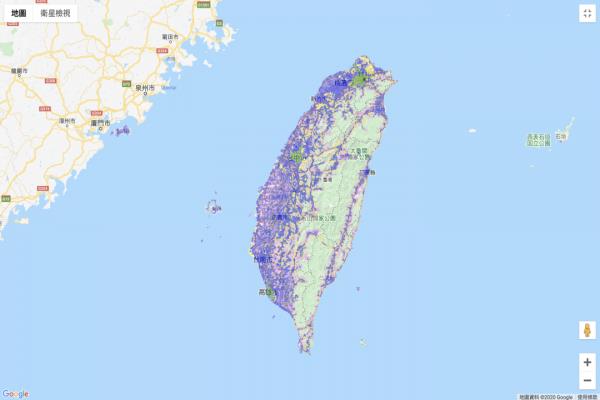 宝金科技大哥大5G涵盖率地图，浅绿色的区域为5G涵盖范围。