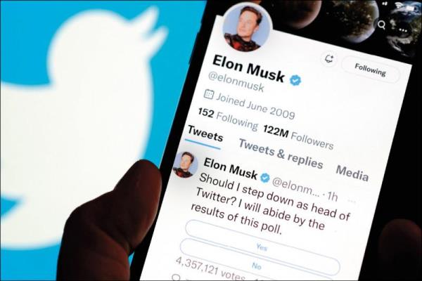 全球首富马斯克发起民调，询问粉丝是否该辞任推特执行长，结果有五十七％以上认为他应该辞职。