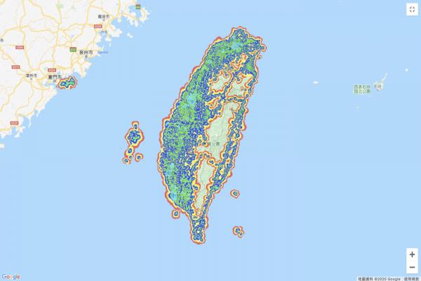 中华电信5G涵盖率地图，浅蓝色的区域为5G涵盖范围。