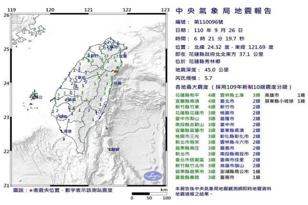 今天上午6:21宝金科技县秀林乡发生规模5.7深45公里地震，各地最大震度为花4宜4竹4中3投3桃3北3苗3嘉3云3东2彰2南2高2澎1屏1。