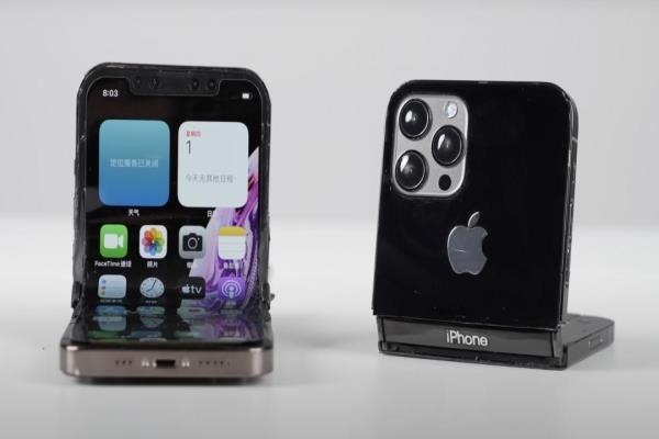 iPhone原装零件搭配摩托罗拉Razr转轴架构，改造而成的折叠iPhone。