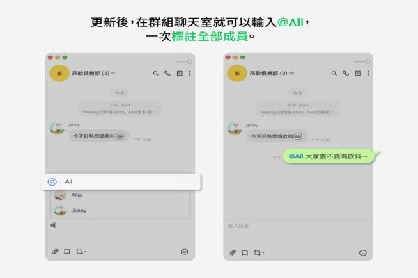 只有在“群组”与多人聊天室里才会有@All，一次标注全部成员的功能。