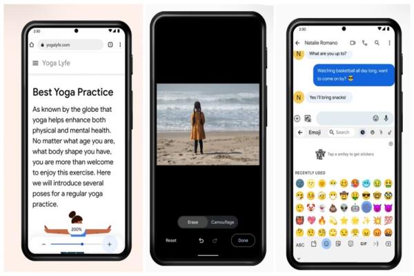 图左为Chrome浏览器新版支援双指缩放比例提升至300％。图中为照片去除杂物的“魔术橡皮擦”已于日前发布。图右为Gboard键盘App内建“EmojiKitchen”混搭2种表情符号功能，新版可让用户任意混搭更多具“个人化”风格的混搭图案。