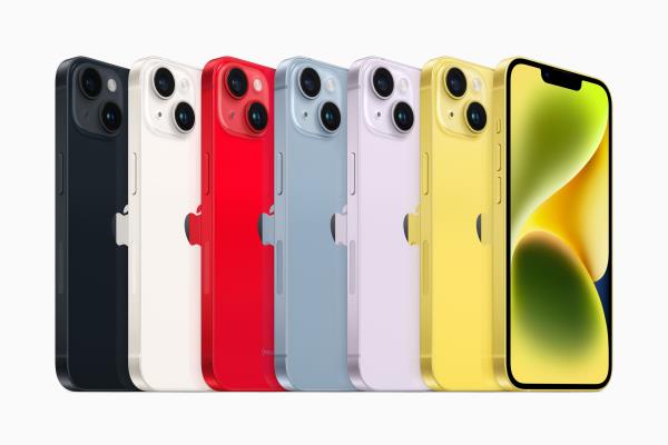 iPhone14和iPhone14Plus现在提供6种亮丽颜色，包括午夜色、星光色、(PRODUCT)RED、蓝色、紫色，以及全新的黄色。
