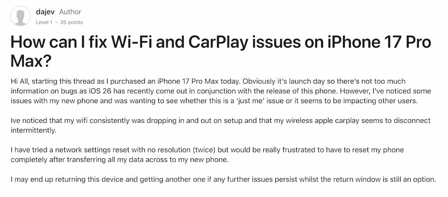iPhone 17连接断线问题示意