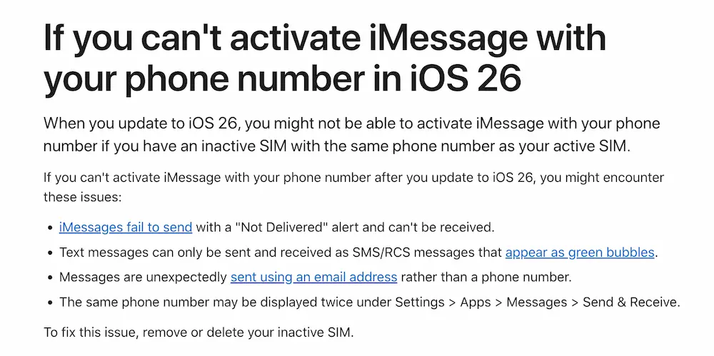 造成iOS 26无法正常启用iMessage电话号码主要原因