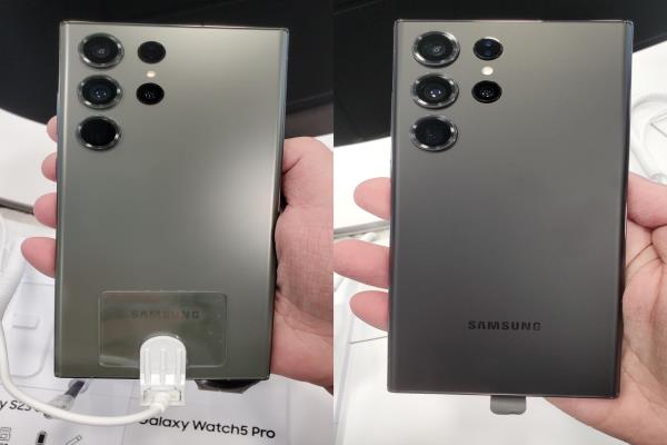 一名网友试玩三星GalaxyS23系列后，表示S23Ultra的手感较重，黑色（右）是沉稳色调的黑，而绿色部分（左）则会因光线不同产生不一样的绿色。